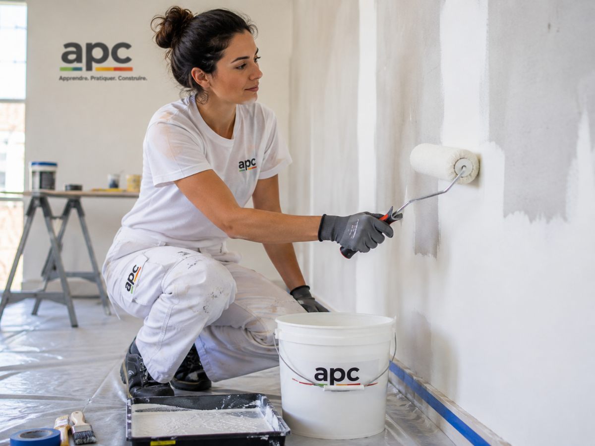 Persona aprendiendo un oficio con futuro mediante formación práctica en pintura profesional.