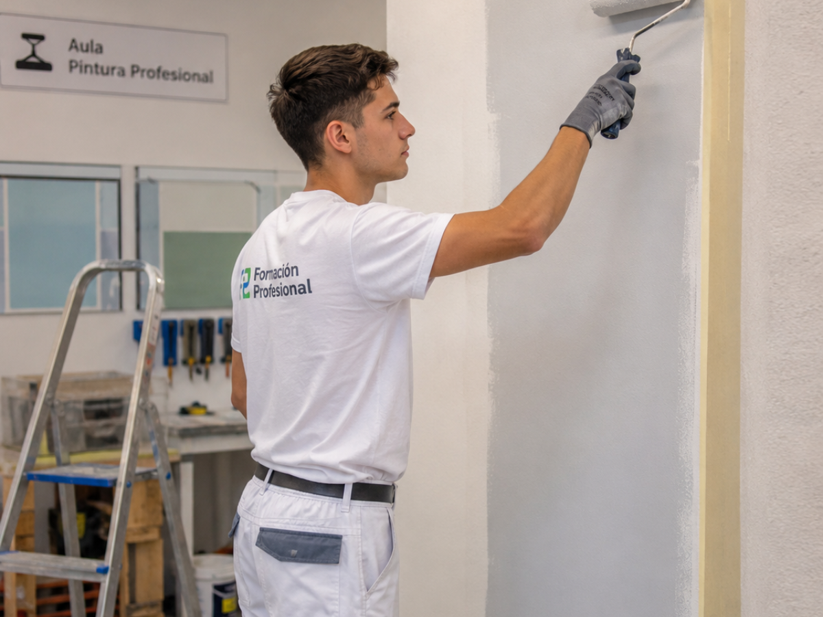 Joven aprendiendo un oficio de pintura profesional para acceder a nuevas oportunidades laborales.
