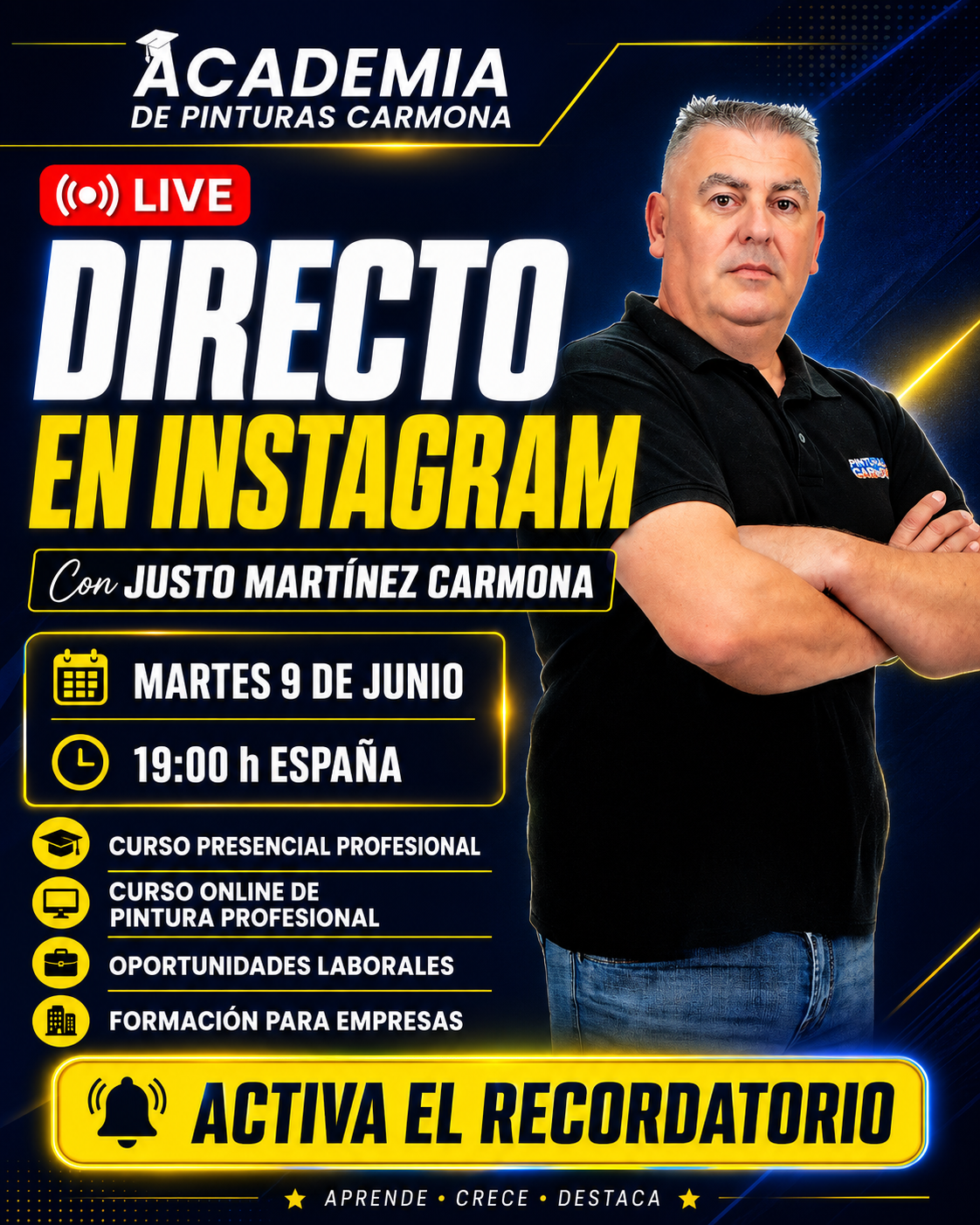 Justo Martínez Carmona anuncia un directo en Instagram sobre formación profesional y oportunidades laborales en pintura.