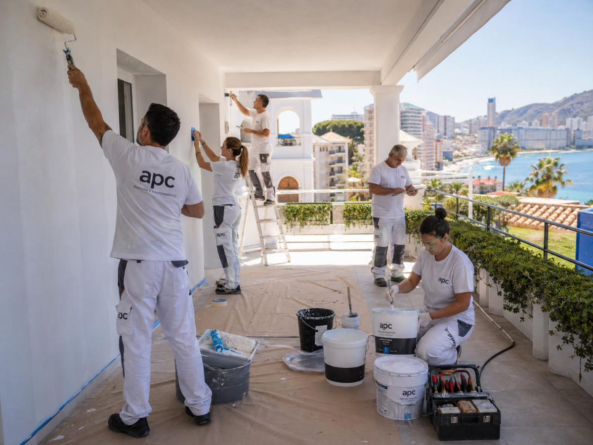 Profesionales de pintura y mantenimiento representando los oficios con demanda en Benidorm y Alicante.