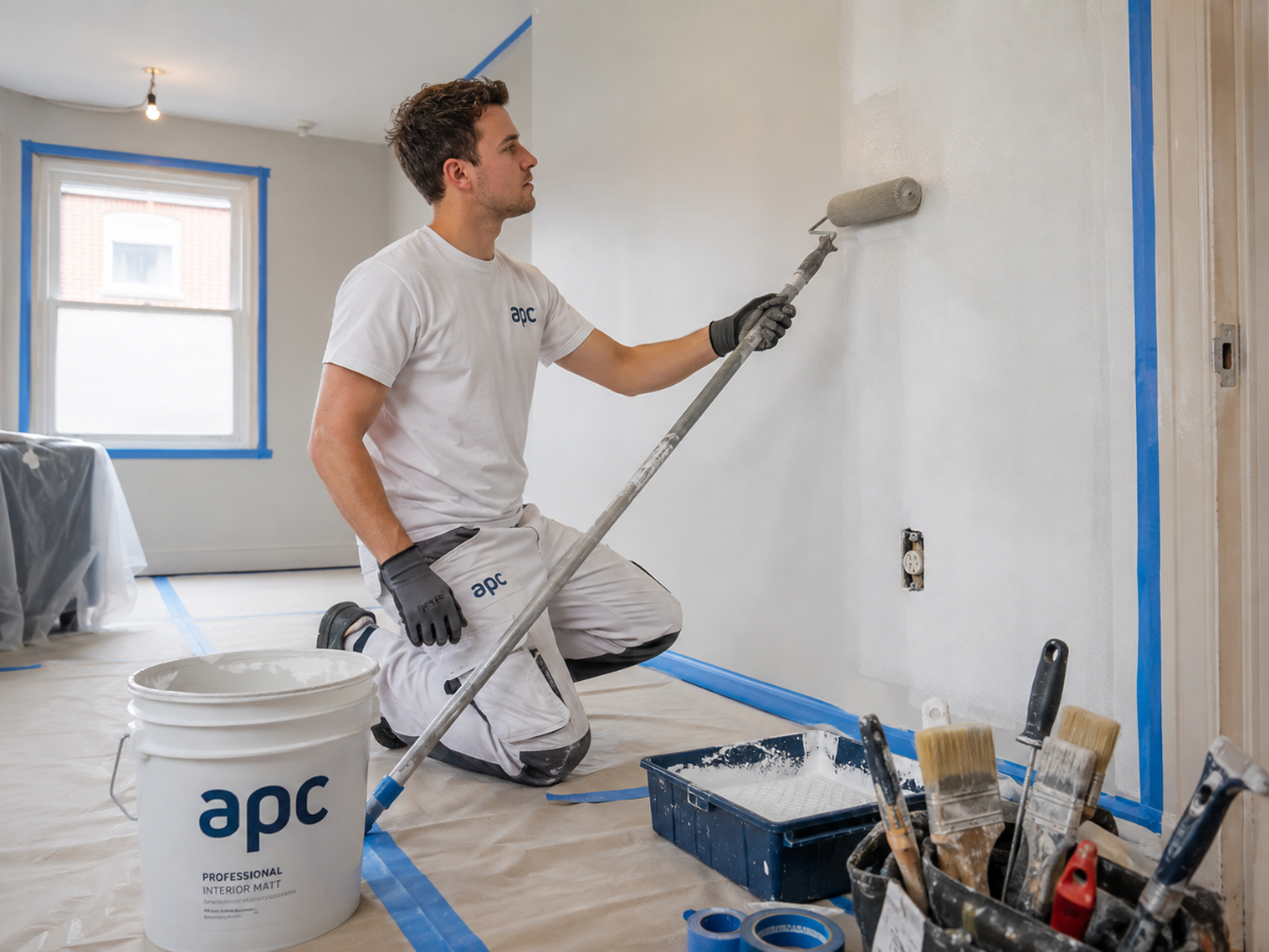 Profesional trabajando como pintor por cuenta propia en un proyecto de pintura y reforma.