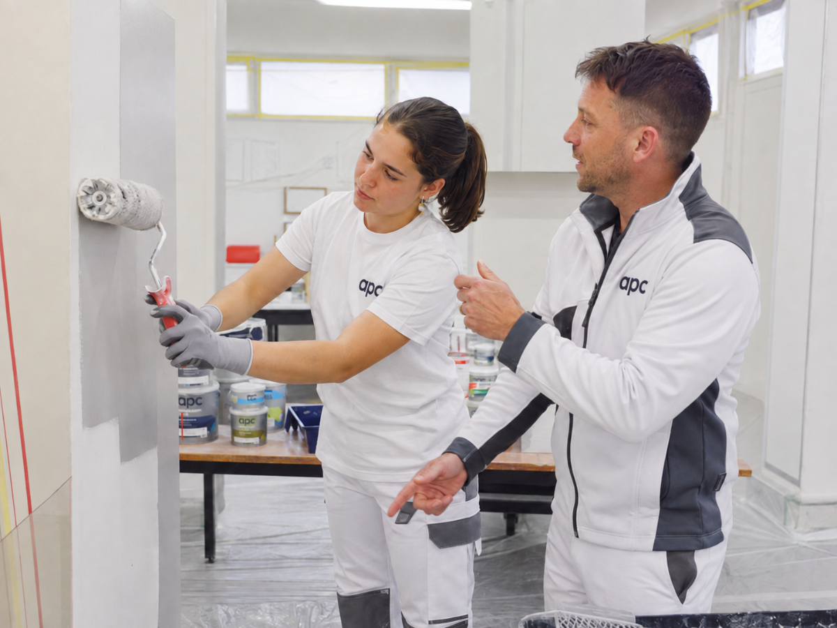 Joven aprendiendo pintura profesional para prepararse para un trabajo sin experiencia previa.